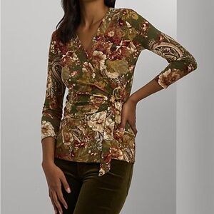 NWT Women Lauren RALPH LAUREN Floral Stretch Jersey Top farm olive D-ring Large